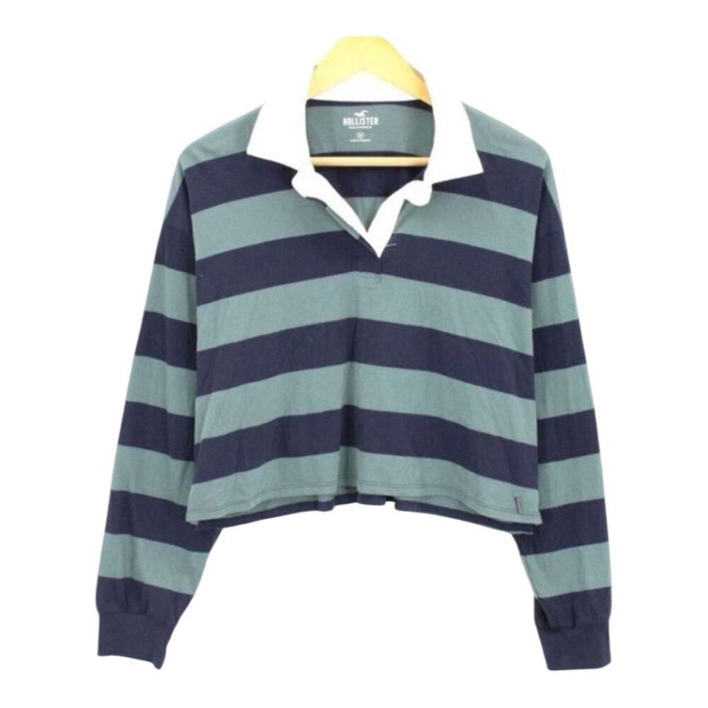 Hollister  greens and navy striped polo shirt cropped fit Women’s Medium